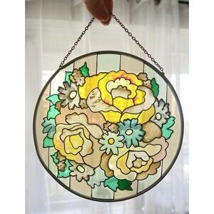 VTG 6.5" Round Stained Glass Sun Catcher – Yellow Green Flower Art Glass